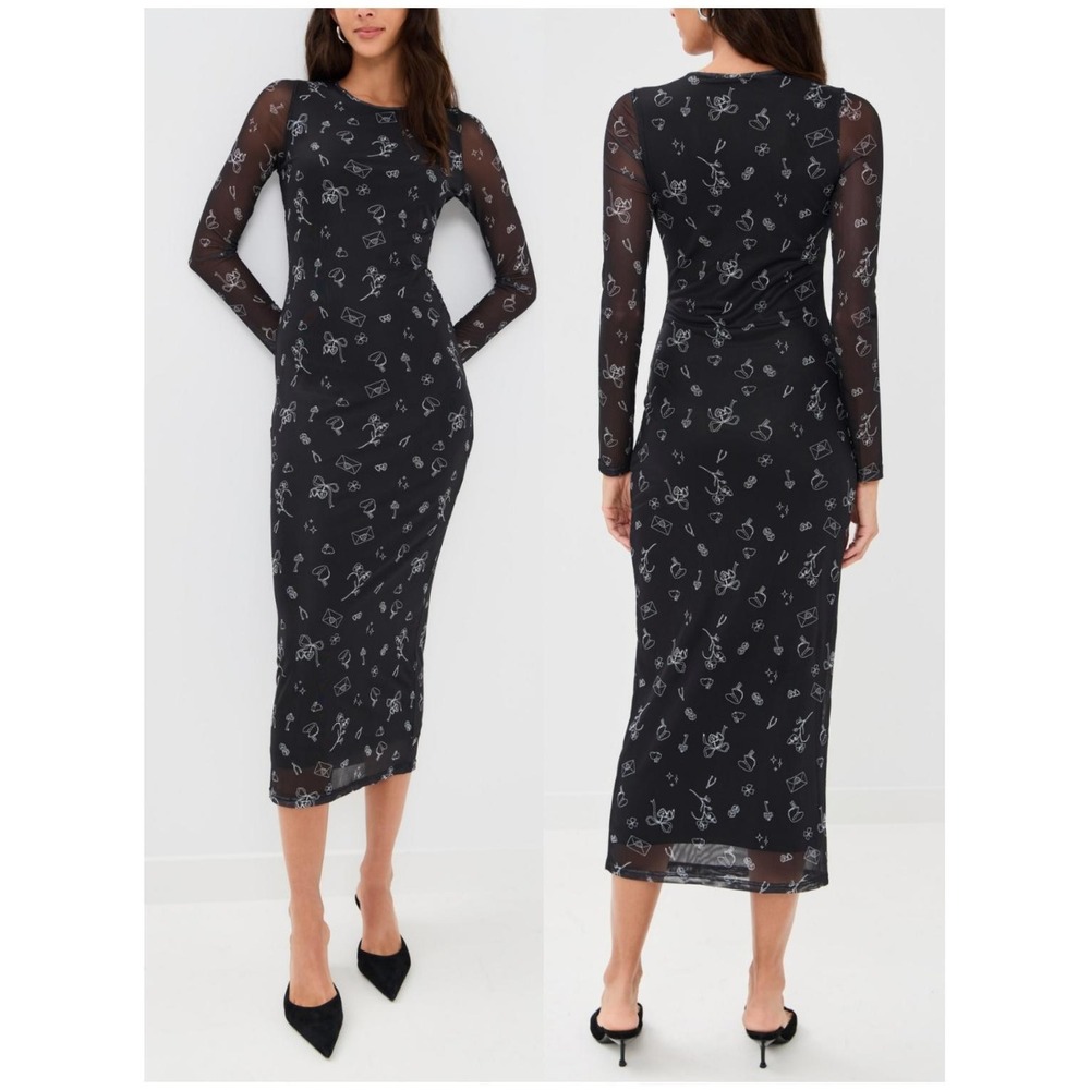 Black Mesh Long Sleeve Maxi Dress with White Sketch Print